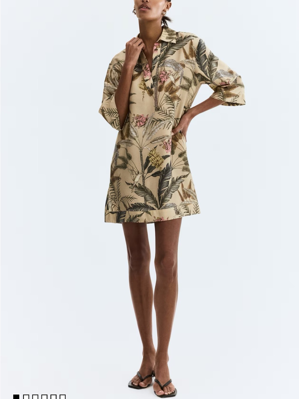 H&M Beige Tropical Print Mini Shirt Dress with Green Leaves